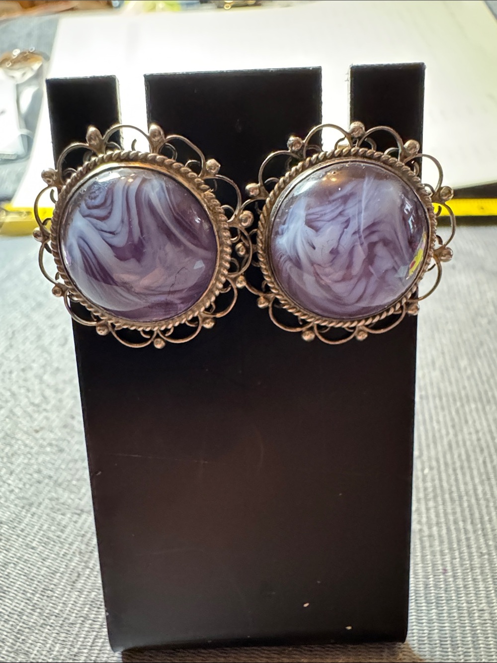 Sterling silver Source Unknown Purple Swirl Glass Filigree Screw-On Earrings